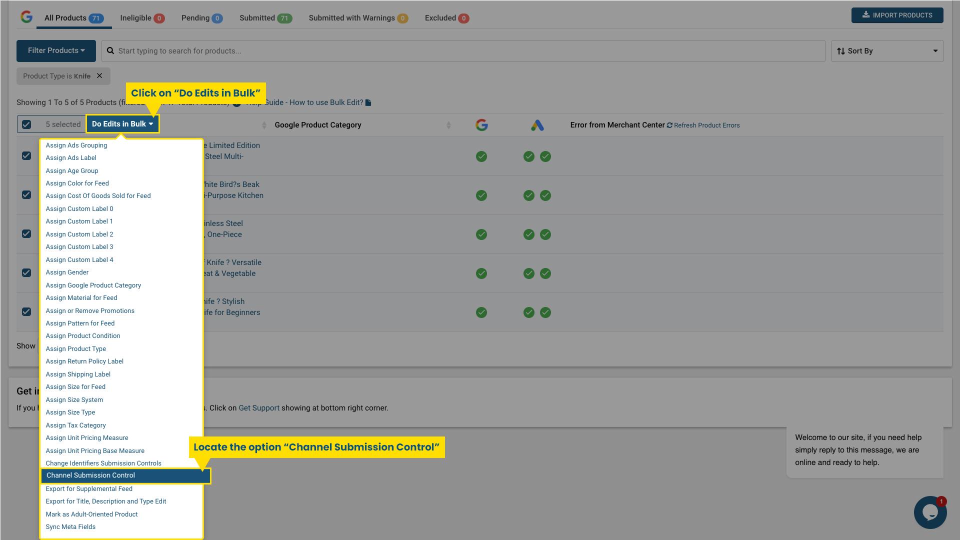 Accessing “Do Edits in Bulk” option and locating Channel Submission Control in Simprosys app