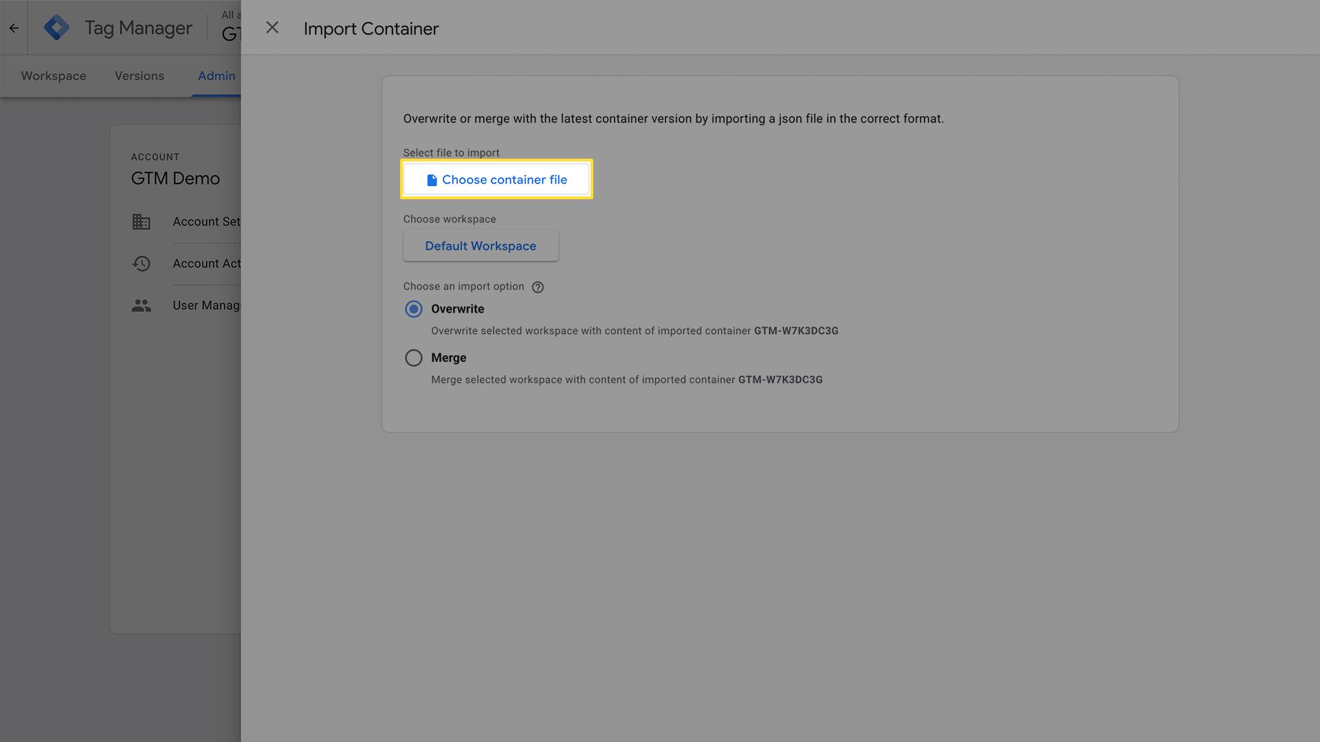 Import Container dialog with file selection button, workspace selection, and Overwrite/Merge import options