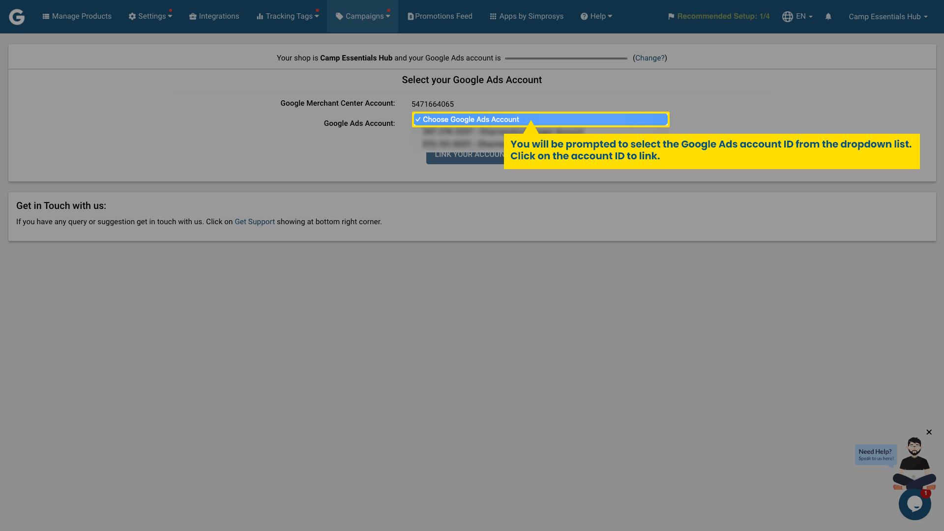 Dropdown selection screen to choose and link a Google Ads account ID within the Simprosys app