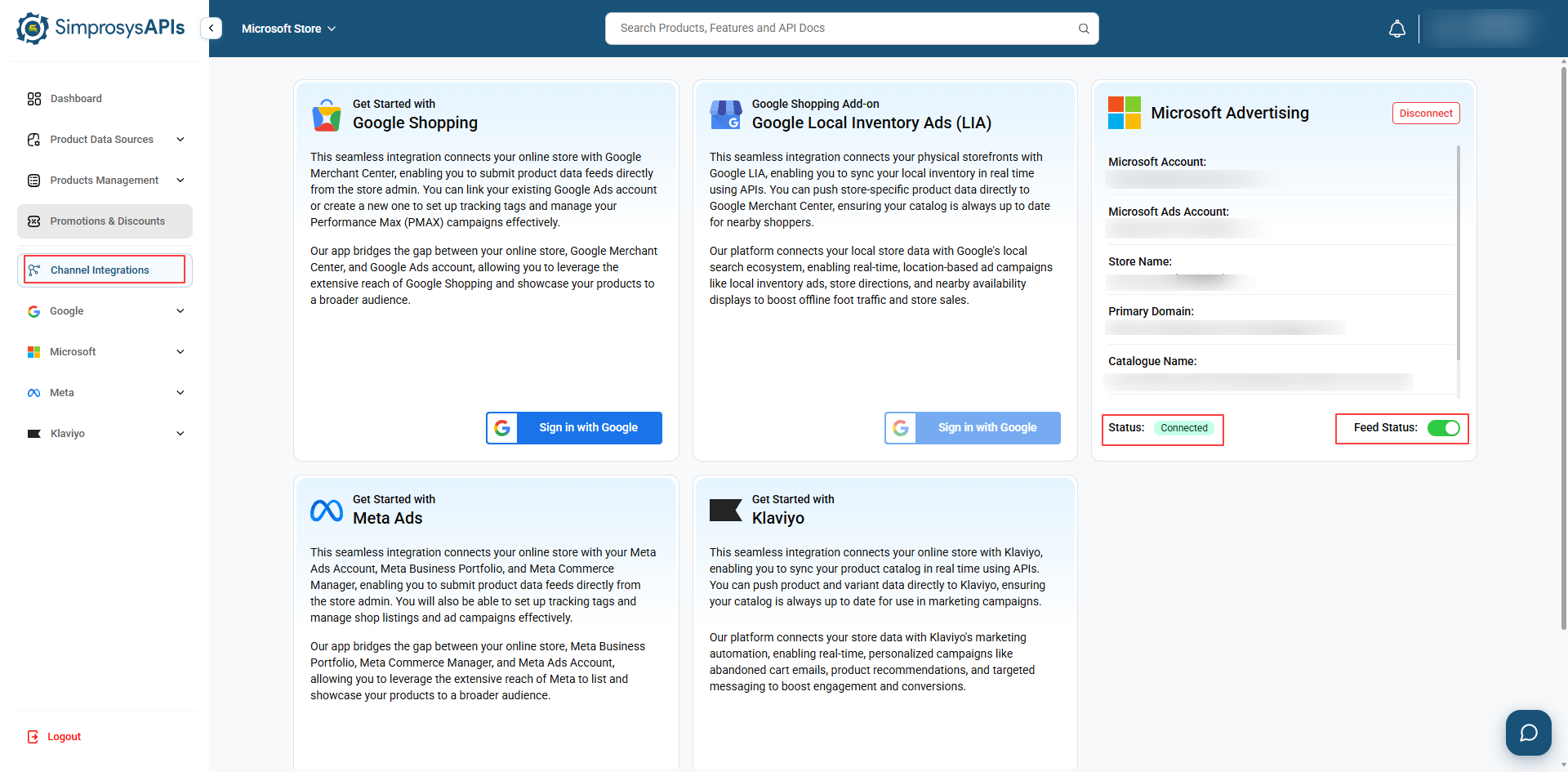 Verify the Microsoft Advertising card displays Status