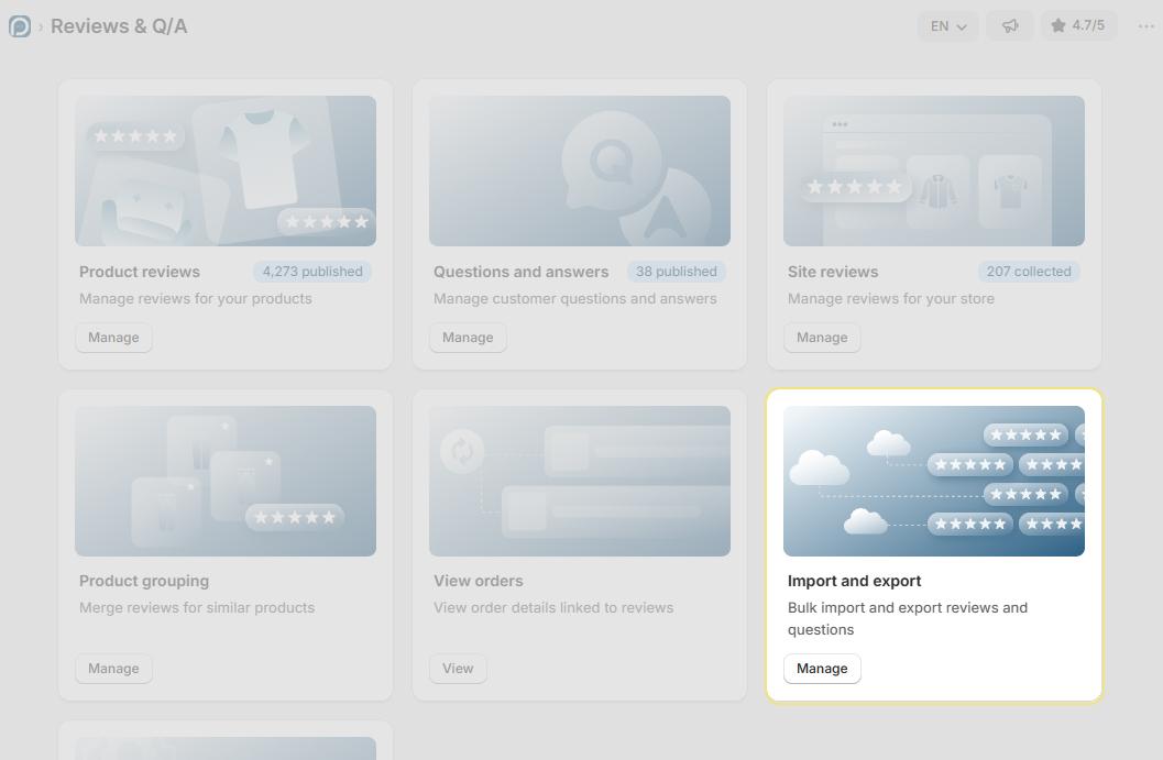 Proviews dashboard showing the Reviews & QA menu with Import & Export option highlighted