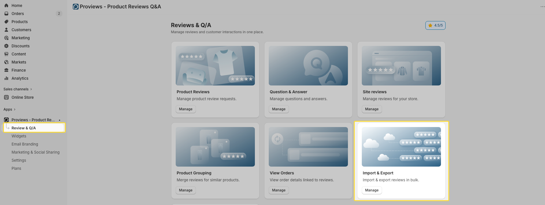 Proviews dashboard showing the Reviews & Q/A menu with Import & Export option highlighted