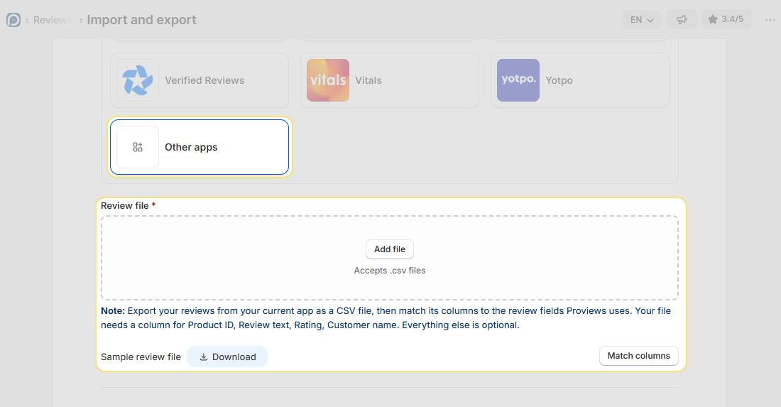 Import reviews screen with the Other app option selected and the CSV upload area showing