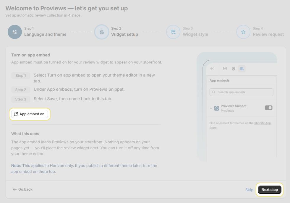 Proviews Snippet toggle on, plus the green confirmation state in the app