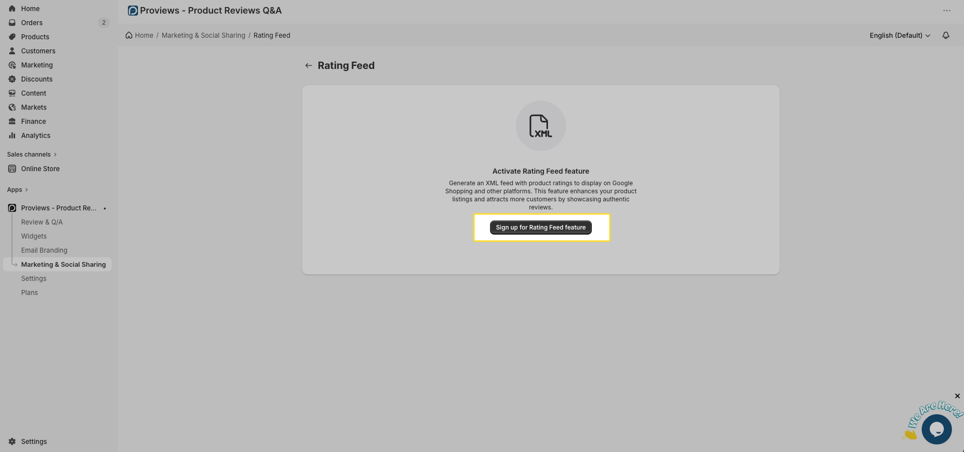 Product Rating Feed sign-up prompt in Proviews indicating a paid plan is required