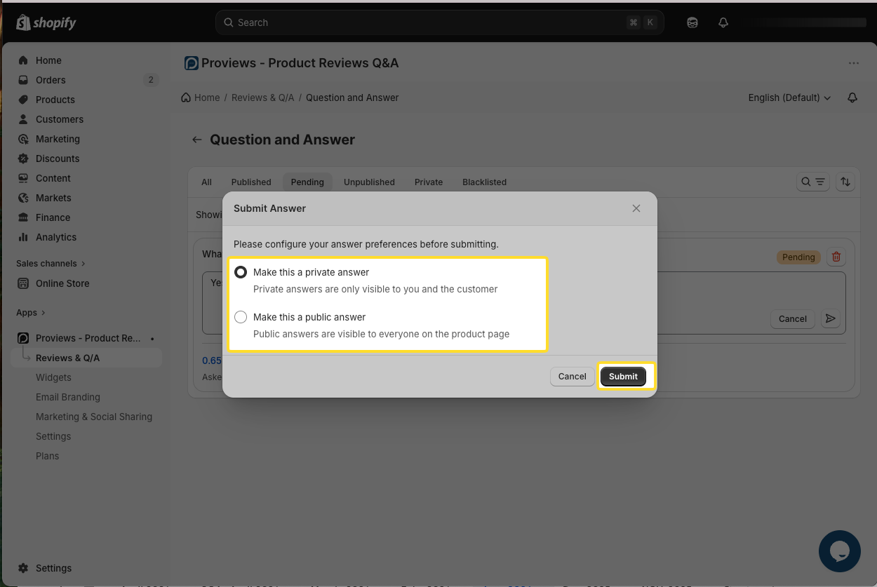 Public and private answer visibility option