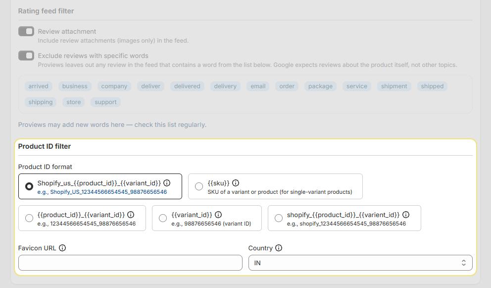 Product ID Format selection dropdown in Proviews showing country targeting options