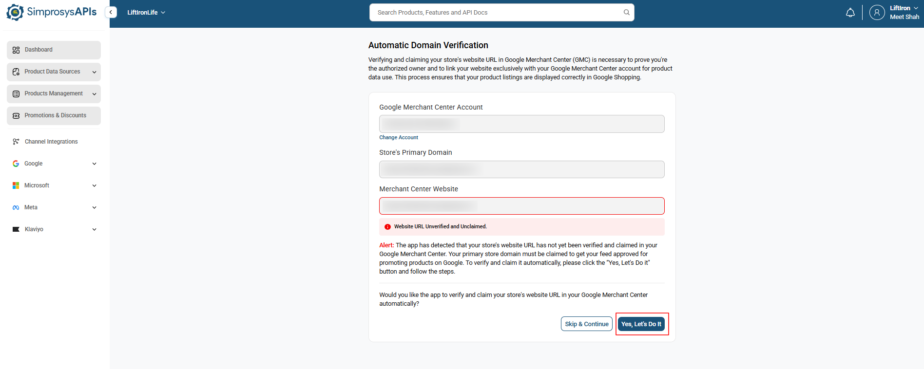 Click Yes, Let's Do It to start the domain verification process