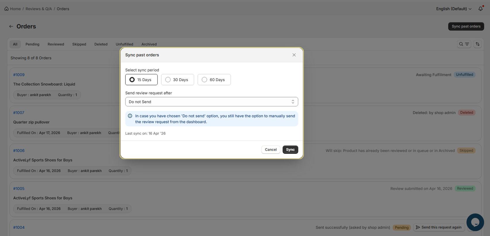 Select the Number of Days to Sync