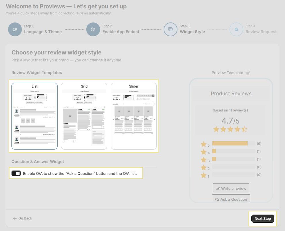 Proviews widget style selection screen