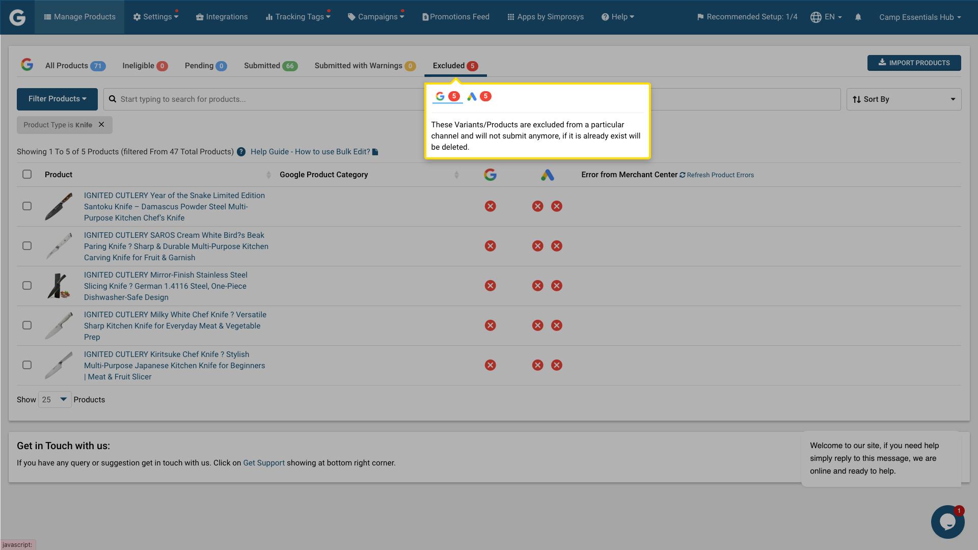 Excluded products tab in Simprosys app showing items that are not submitted to selected advertising channels
