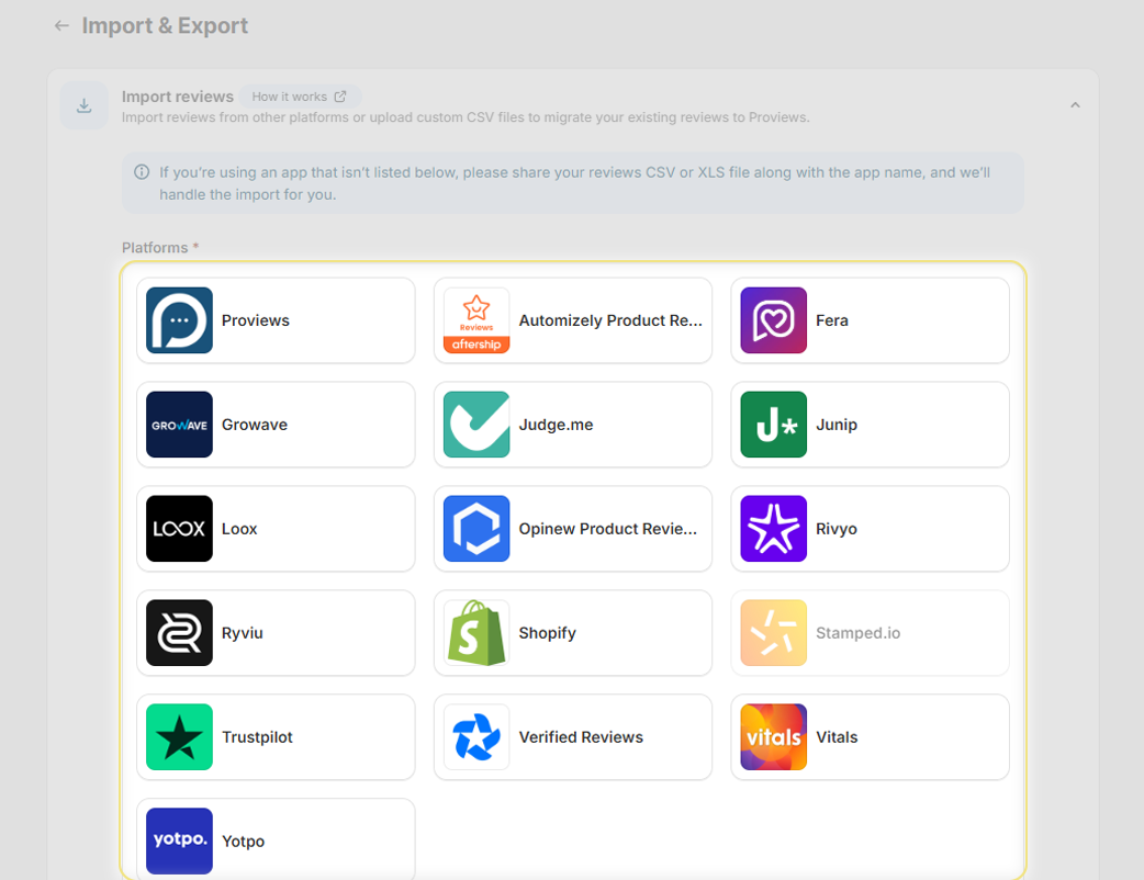  Supported platforms for importing customer reviews