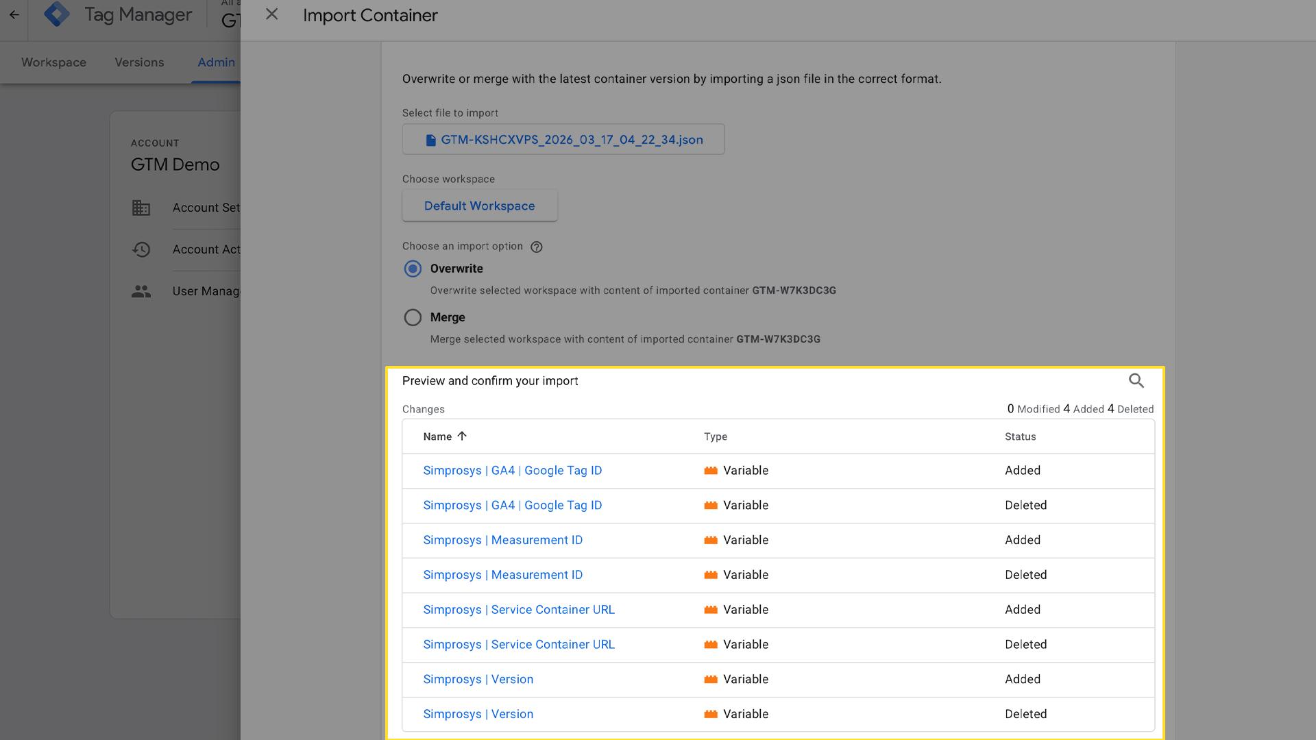 Import preview showing selected JSON file and changes table listing added/deleted variables for GA4 and tracking settings