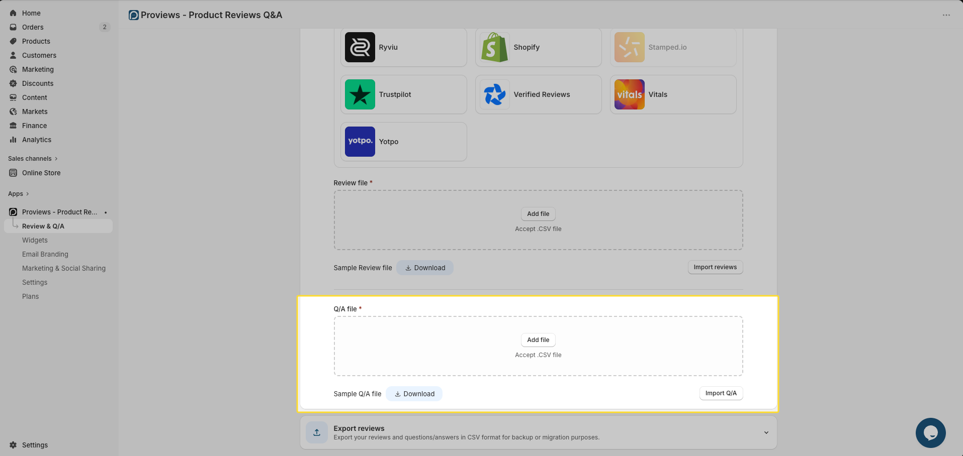 QA screen showing CSV file upload field