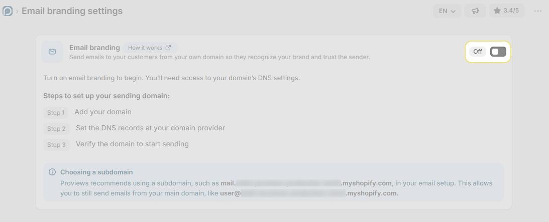 Email branding settings before setup, with the three-step overview