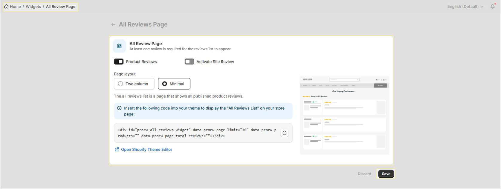 Embed the All Reviews Page Widget on Your Store Page