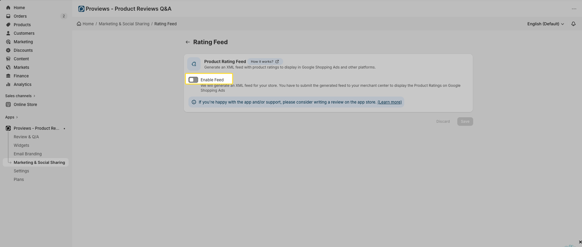 Product Rating Feed toggle option