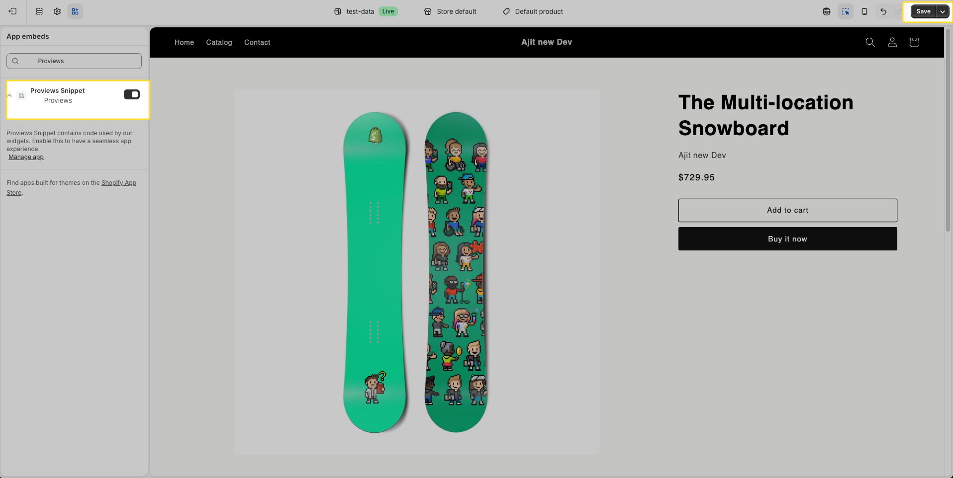 Shopify App Embeds panel with the Proviews Snippet toggle switched on