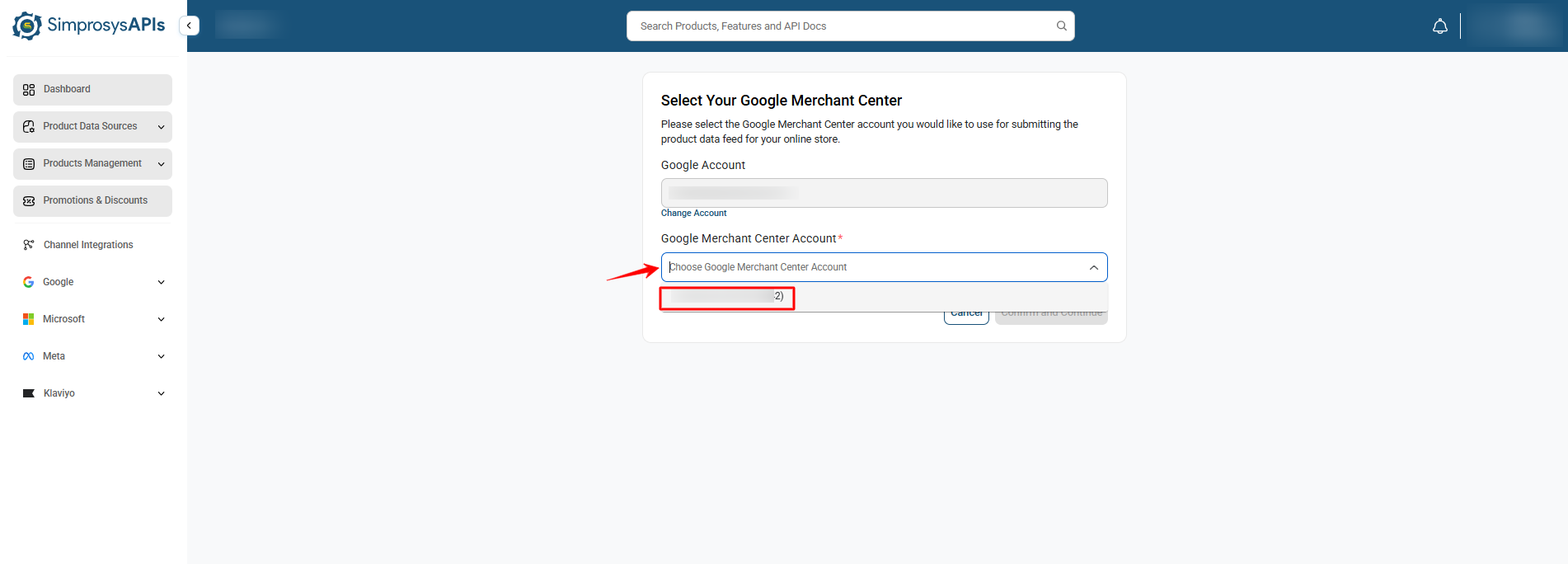 Select your Google Merchant Center Account from the dropdown menu