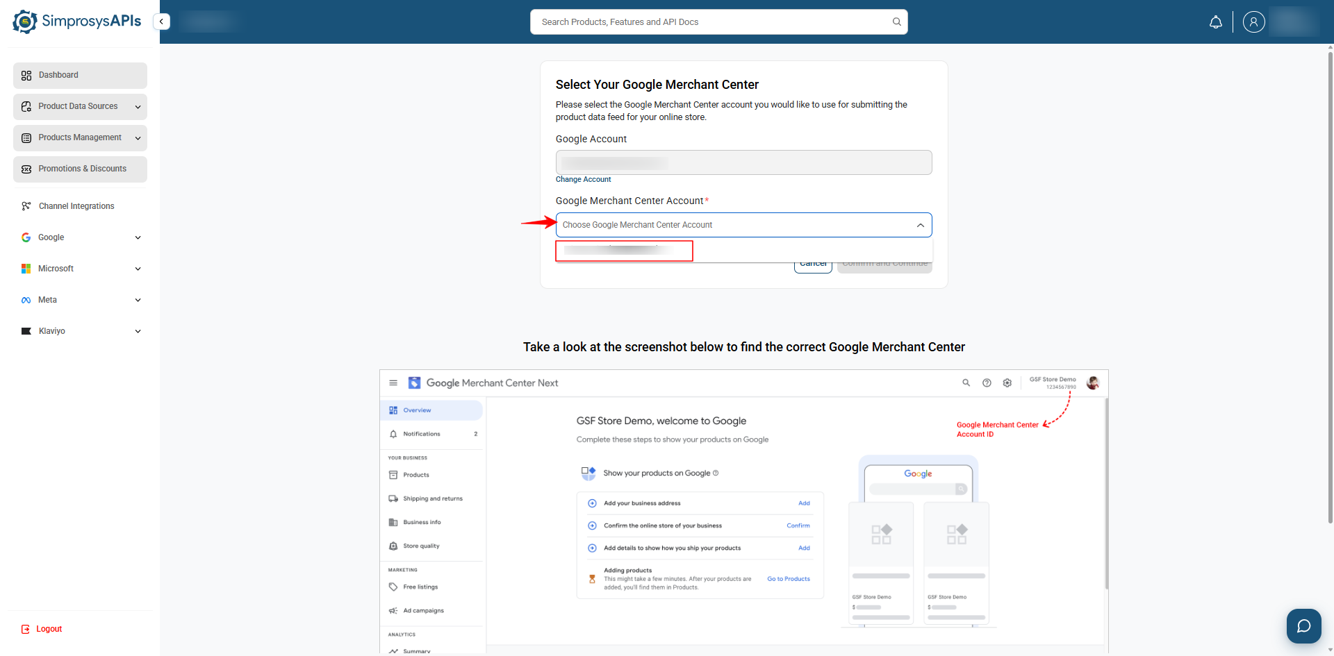 Select your Google Merchant Center Account from the dropdown menu