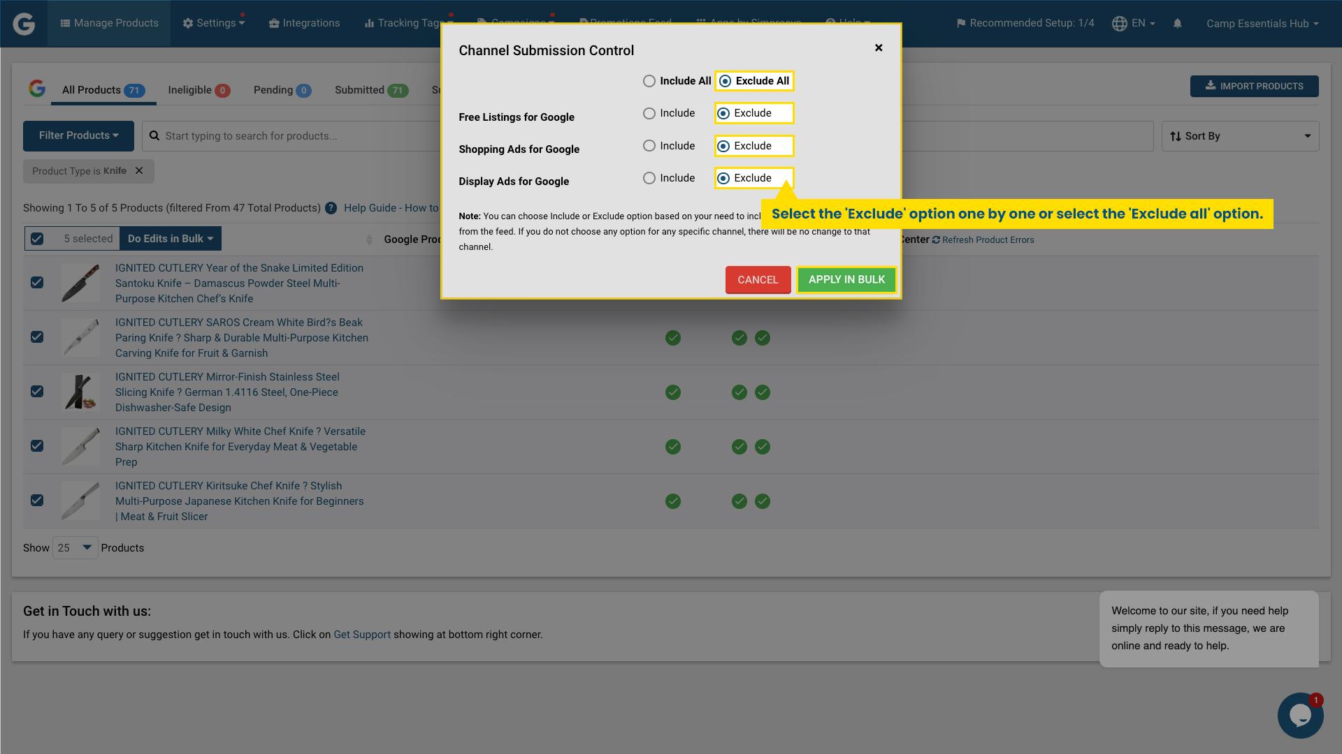 Channel Submission Control pop-up showing “Exclude All” selected, automatically excluding products from Free Listings, Shopping Ads, and Display Ads in Simprosys app