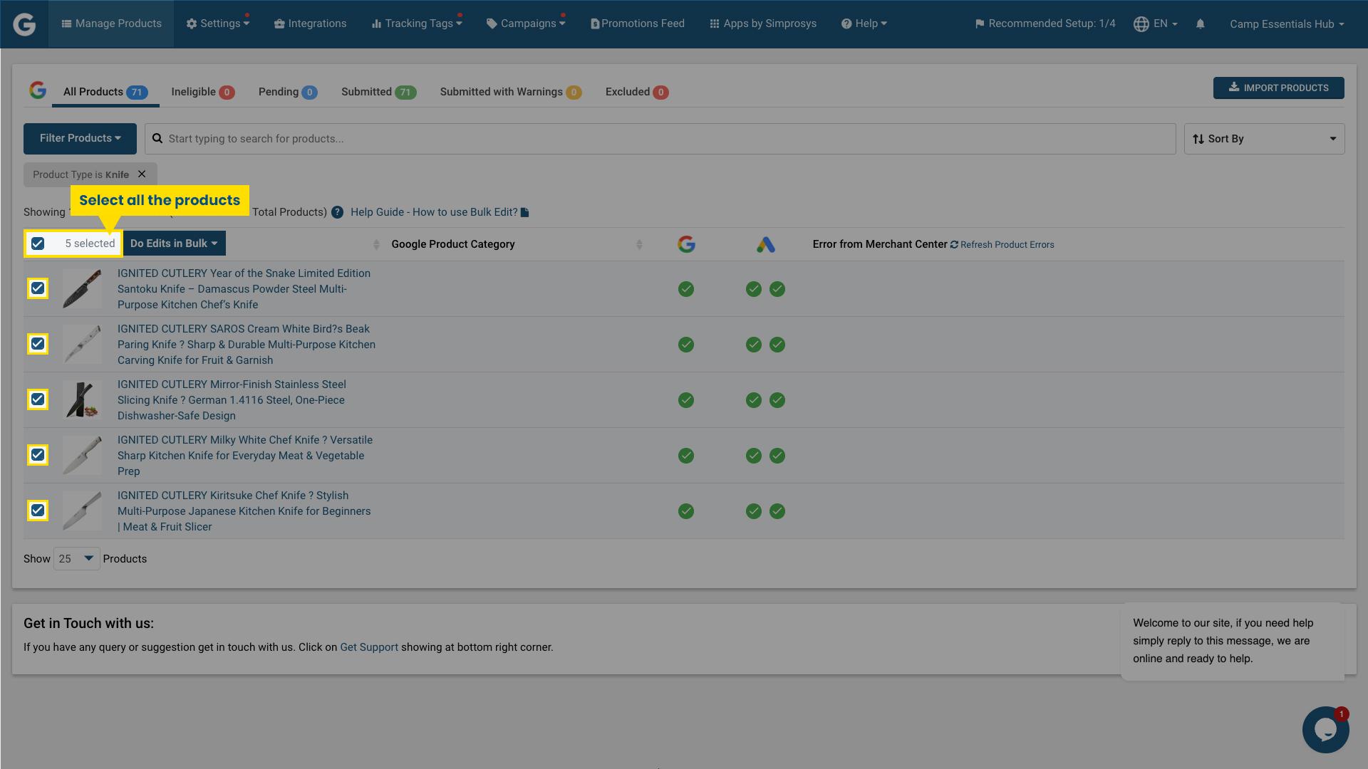 Selecting multiple products using checkboxes for bulk editing in Simprosys Google Shopping Feed App