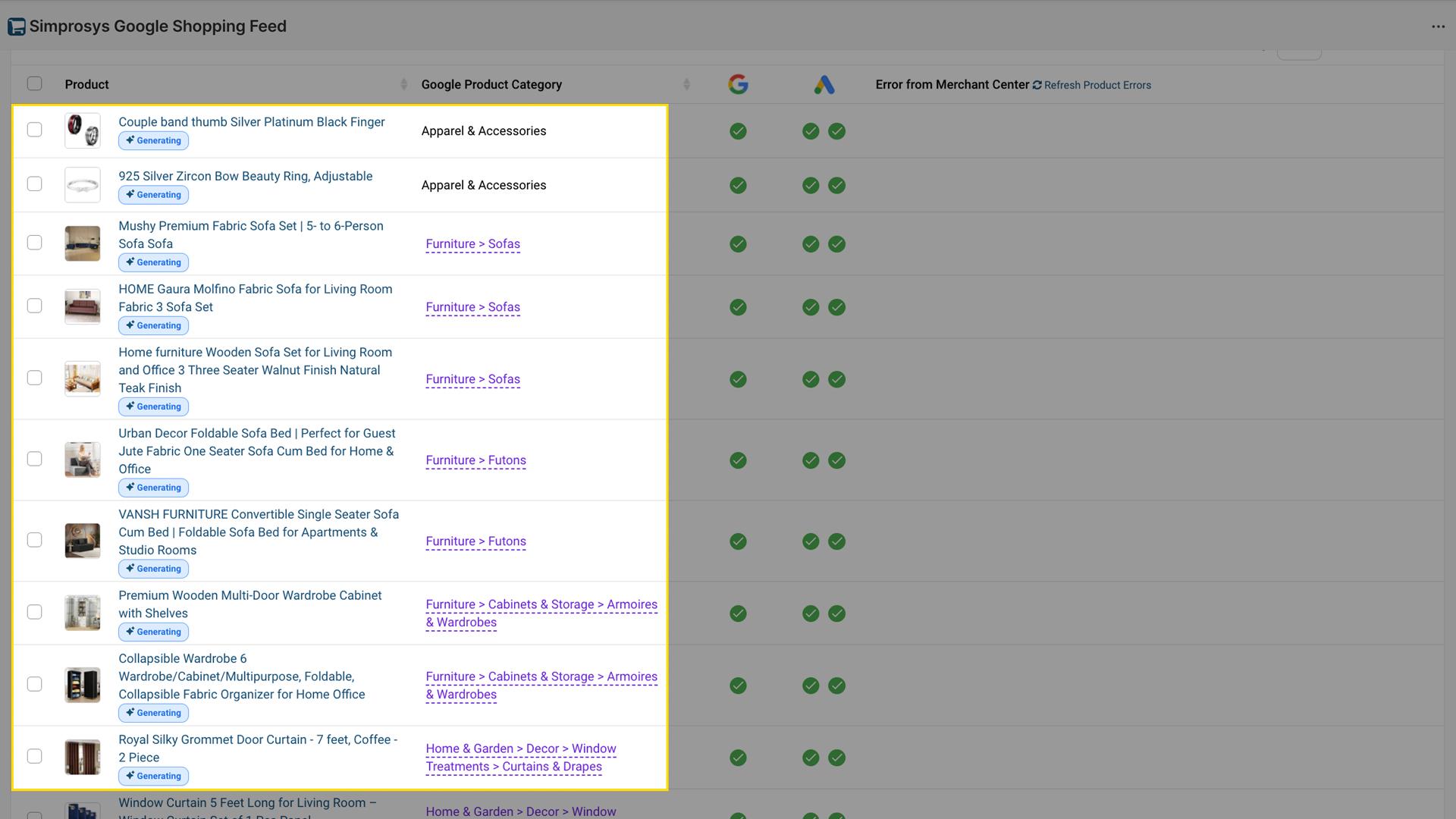 Manage Products page displaying products with Generating status badges indicating ongoing AI optimization process