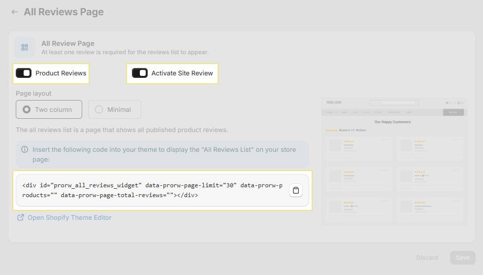 All reviews page settings configuration