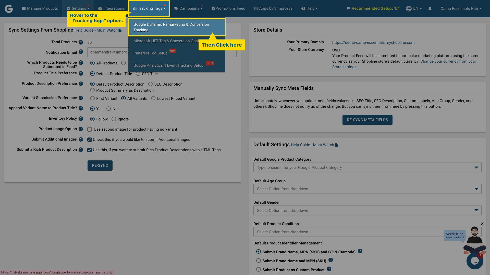 Simprosys app dashboard showing the Tracking Tags menu with Google Dynamic Remarketing & Conversion Tracking option highlighted