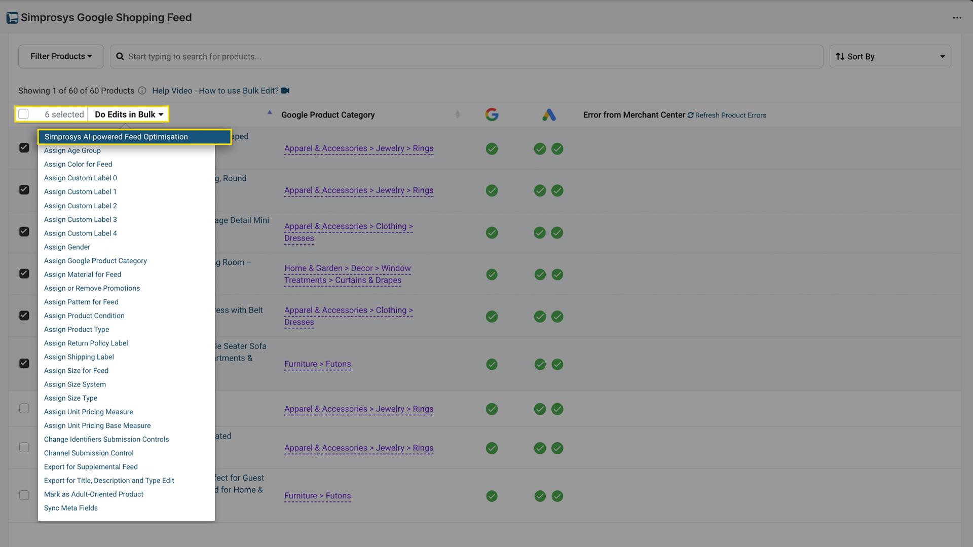 Bulk edit dropdown menu highlighting Simprosys AI-powered Feed Optimisation option with 6 selected products for batch processing