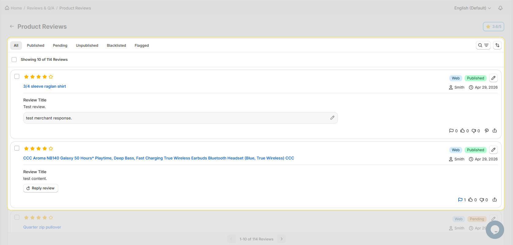 Product Reviews list