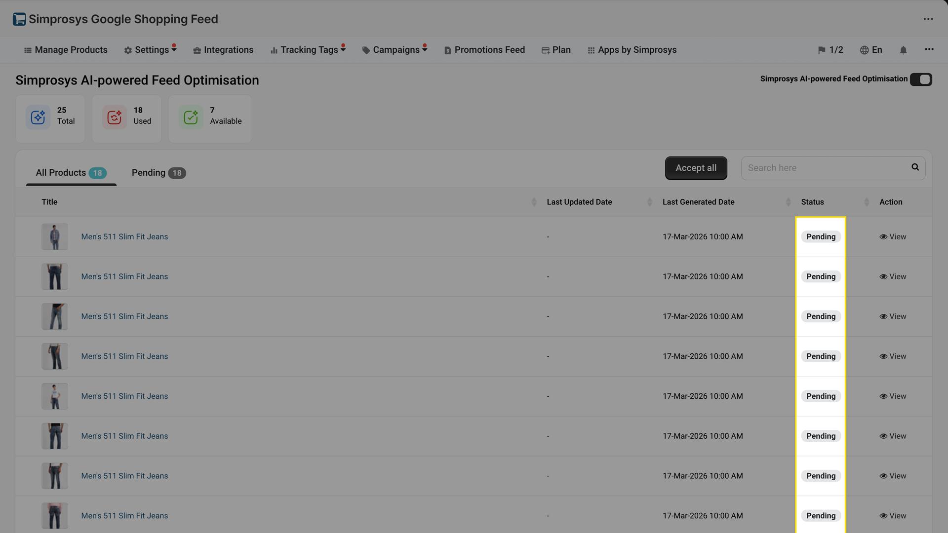 Feed Optimisation dashboard showing quota overview with All Products and Pending tabs listing products with their status