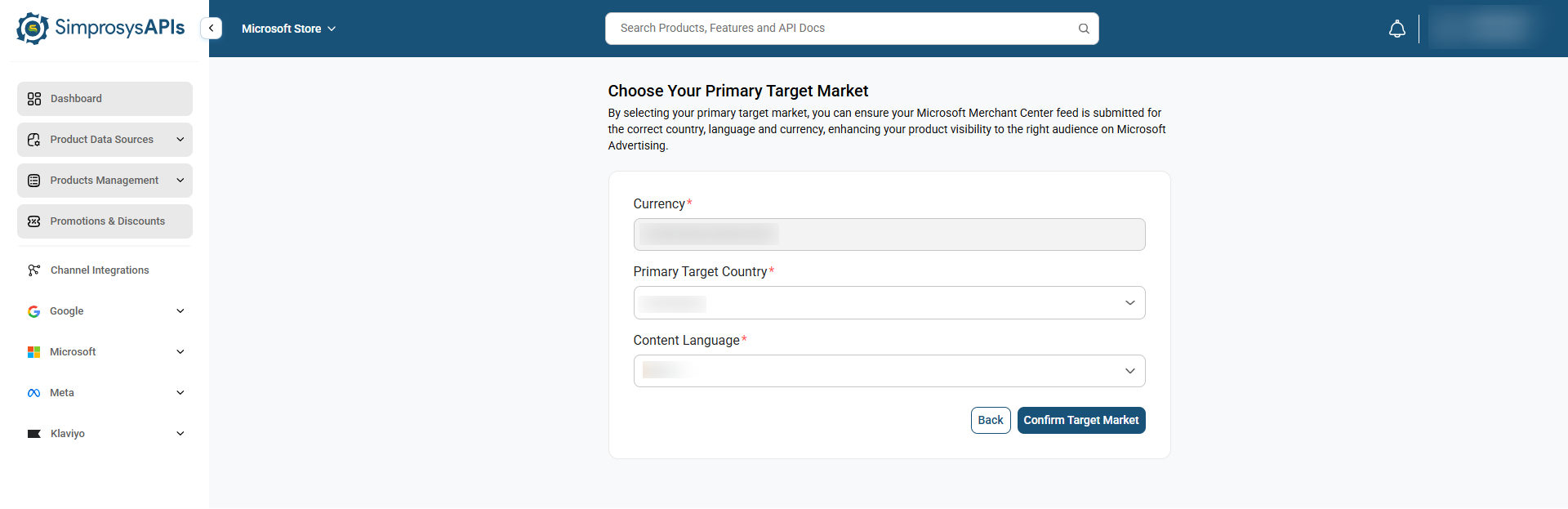 Select your Currency, Primary Target Country, and Content Language, then click Confirm Target Market