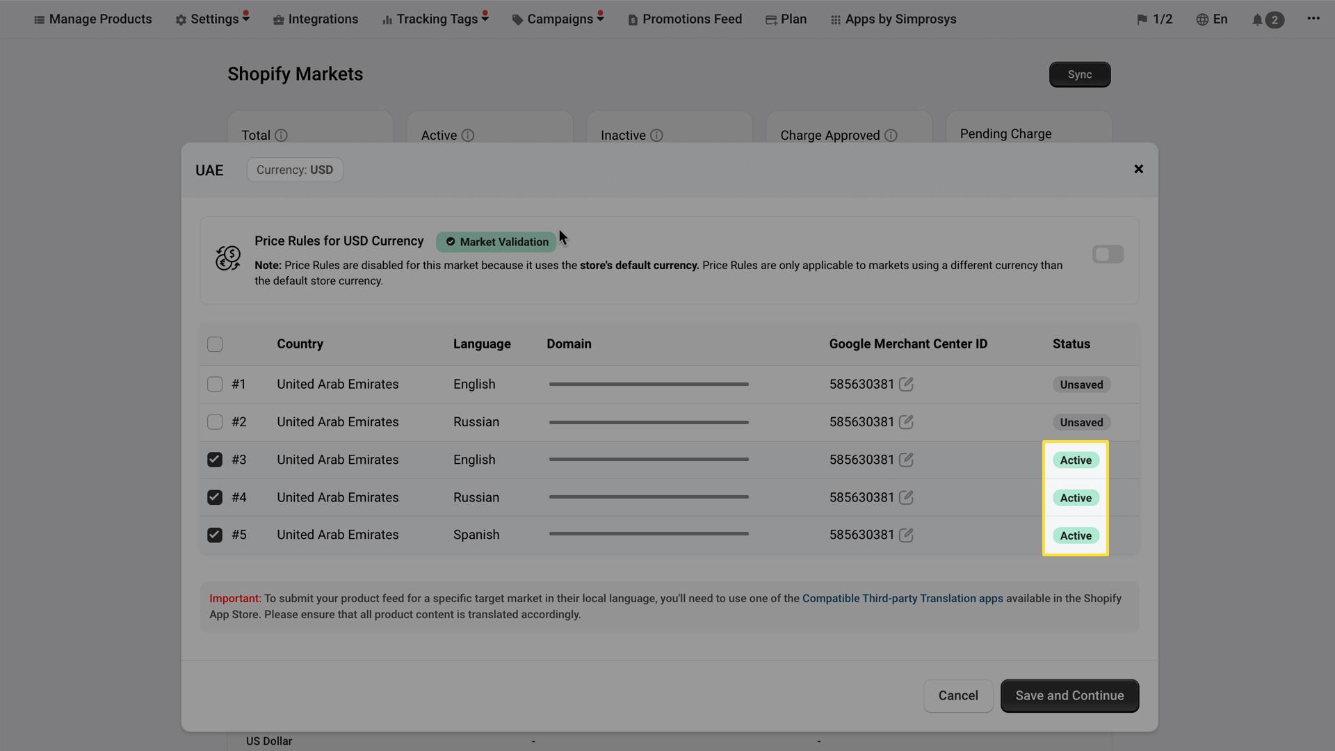 Completed Shopify Markets configuration for UAE (Currency: USD) showing all 5 market entries now set to 'Active' status (highlighted in yellow). The table displays United Arab Emirates entries with their respective languages, domains, Google Merchant Center ID (585630381), and Active status badges for rows 3, 4, and 5