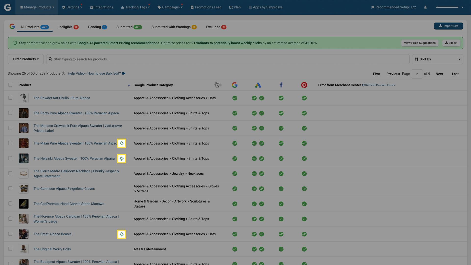 Screenshot of the Google Merchant Center product management page displaying the price suggestion recommendation bar with the green bulb icon