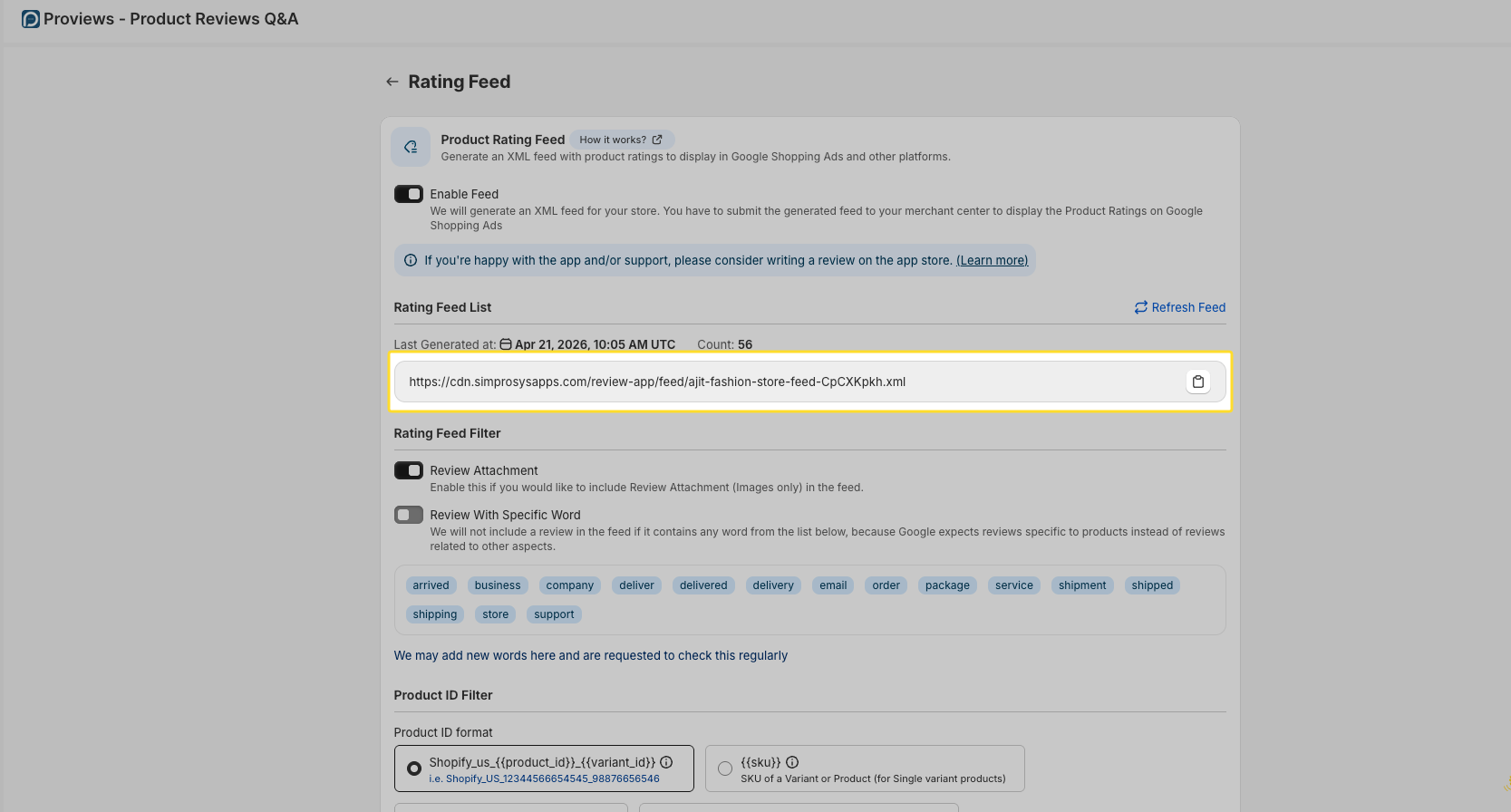 Proviews XML Feed section displaying the generated product rating feed URL