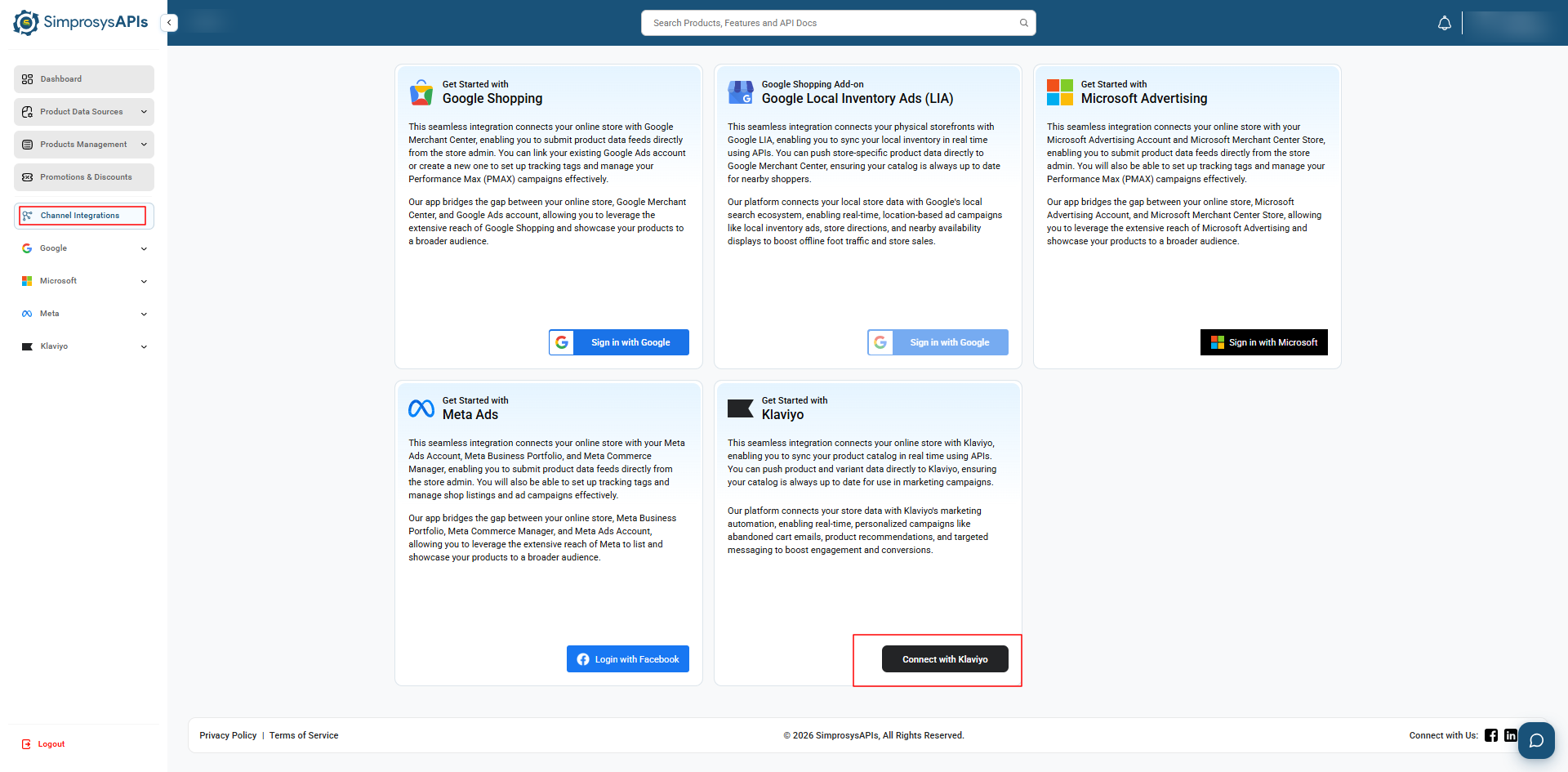 Navigate to Channel Integrations and click Connect with Klaviyo