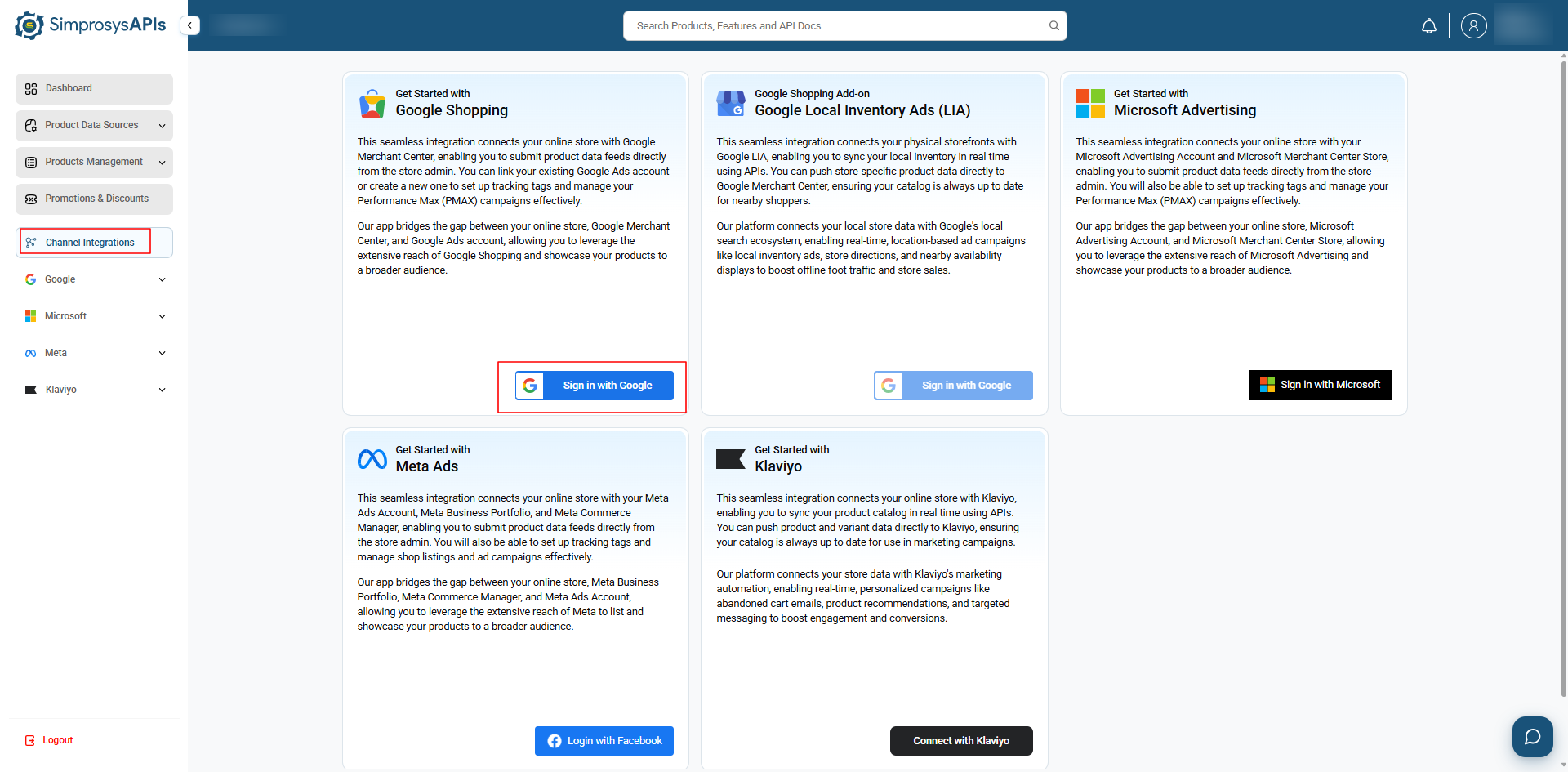 Navigate to Channel Integrations and click Sign in with Google under the Google Shopping card