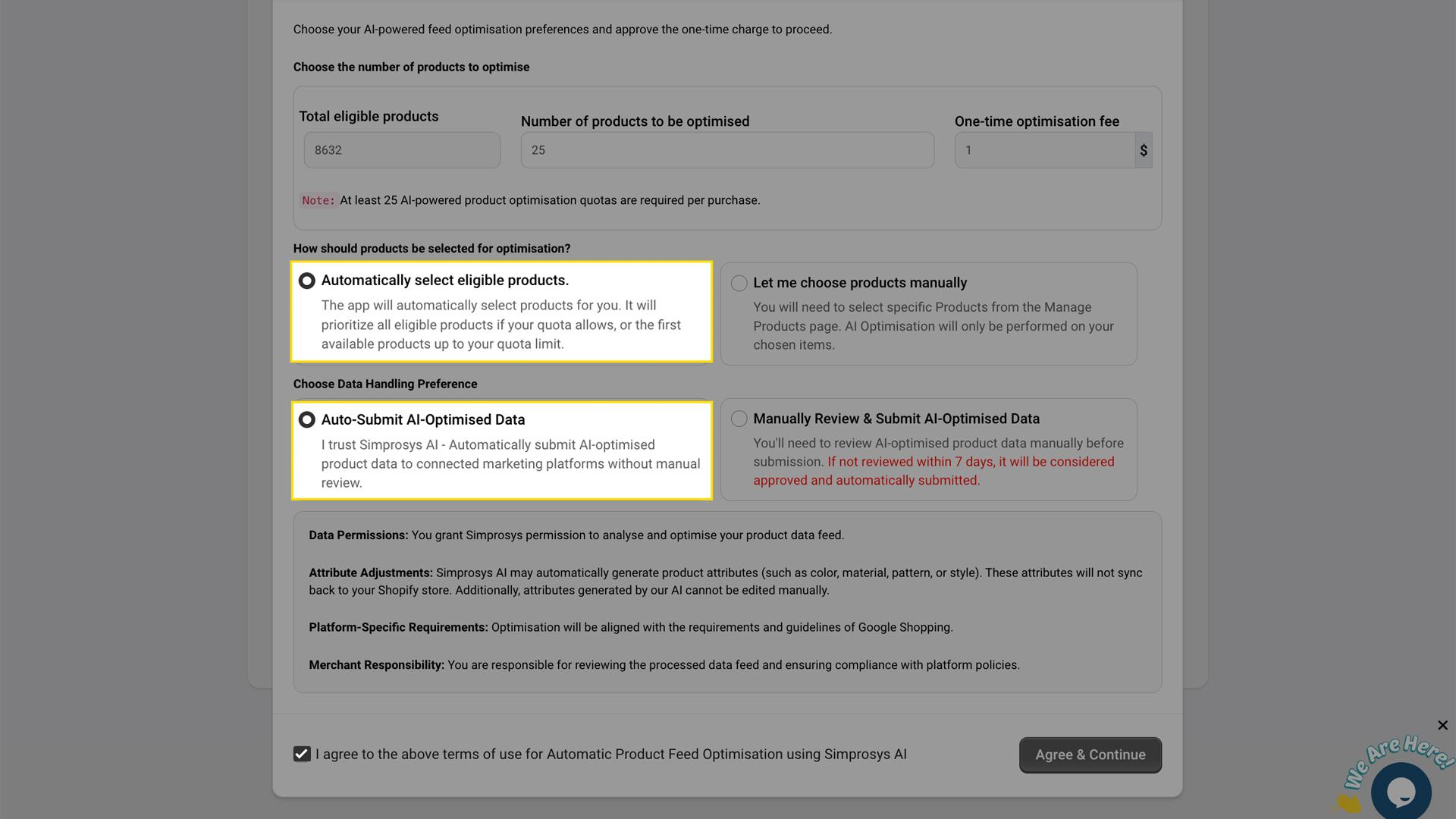 AI-powered Feed Optimisation feature diagram showing product attribute enhancement from Shopify to Google Shopping with AI analysis of product details
