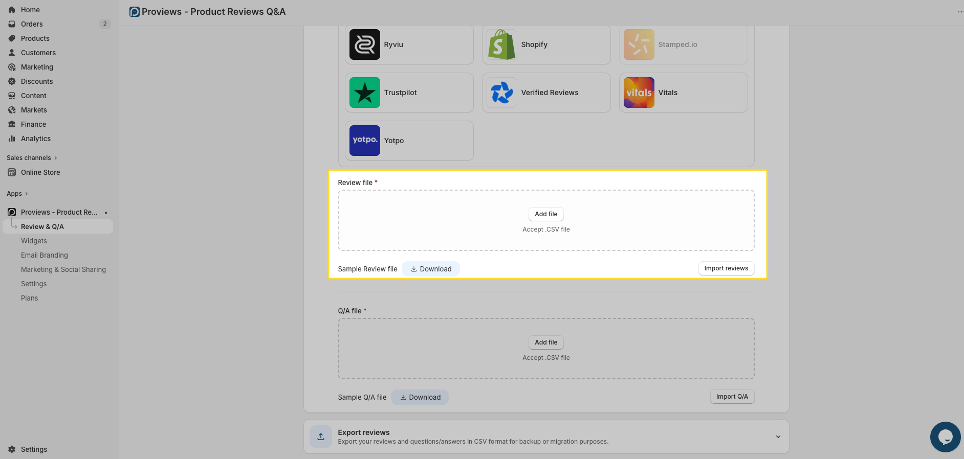 Import Reviews screen showing CSV file upload field