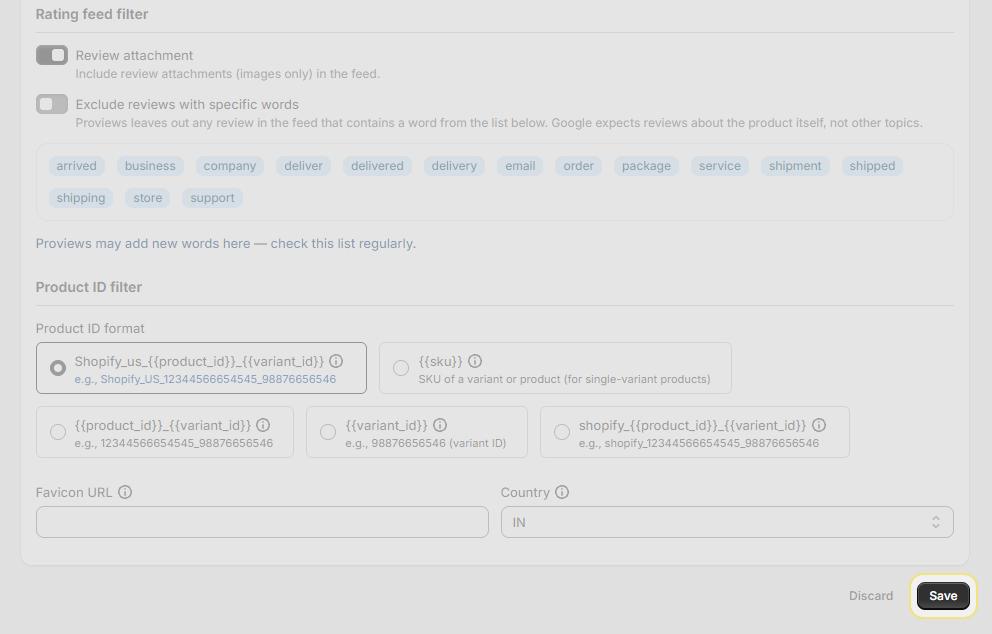 Proviews Rating Feed save