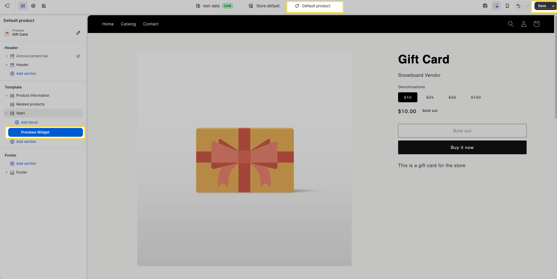 Shopify Theme Editor showing the Product template with the Proviews Widget added via the Add Section sidebar