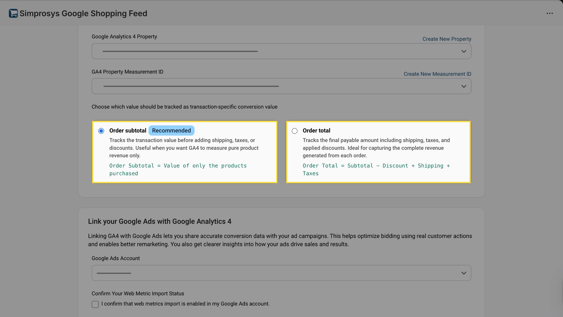 Selection interface comparing 'Order subtotal' (recommended) and 'Order total' options for GA4 conversion tracking