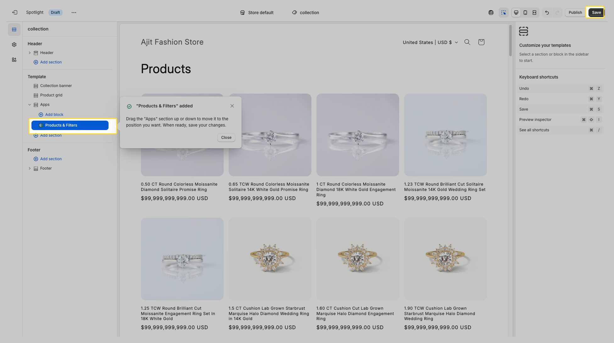 Products & Filters’ app block
