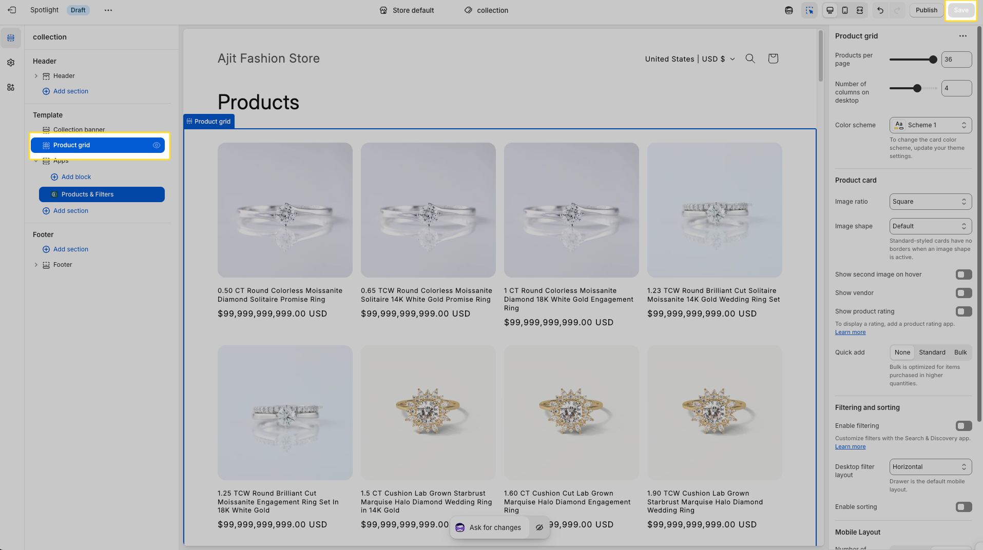 Disable the default Shopify product grid