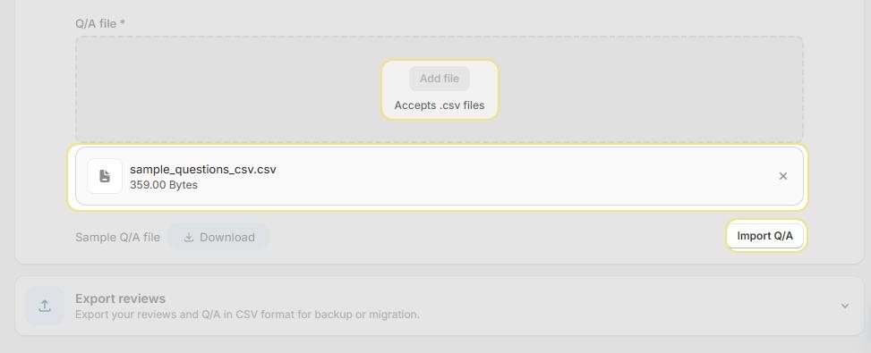 QA import screen showing the CSV file upload field