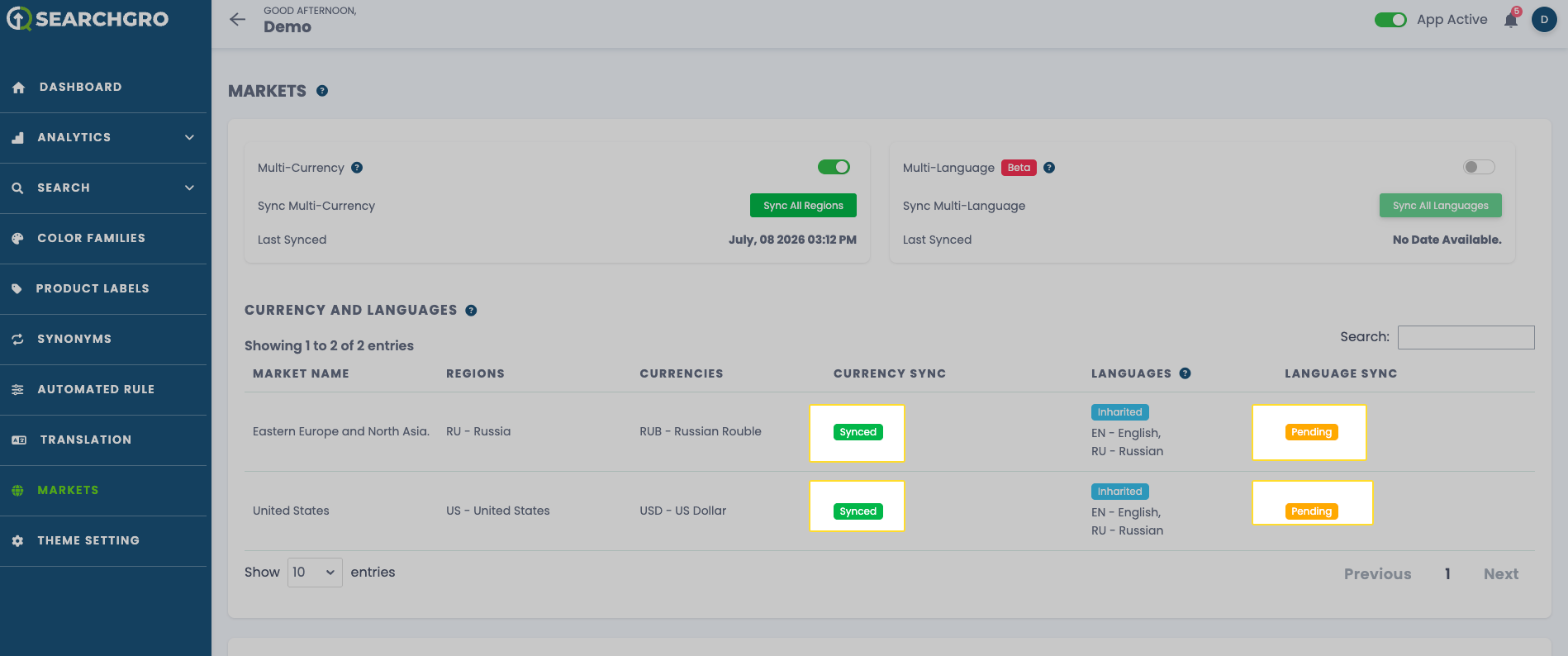 Synced multi-currency and multi-language