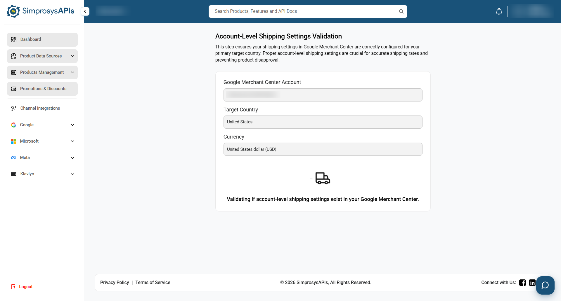 Review your account details and wait while the system validates whether account-level shipping settings exist in your Google Merchant Center