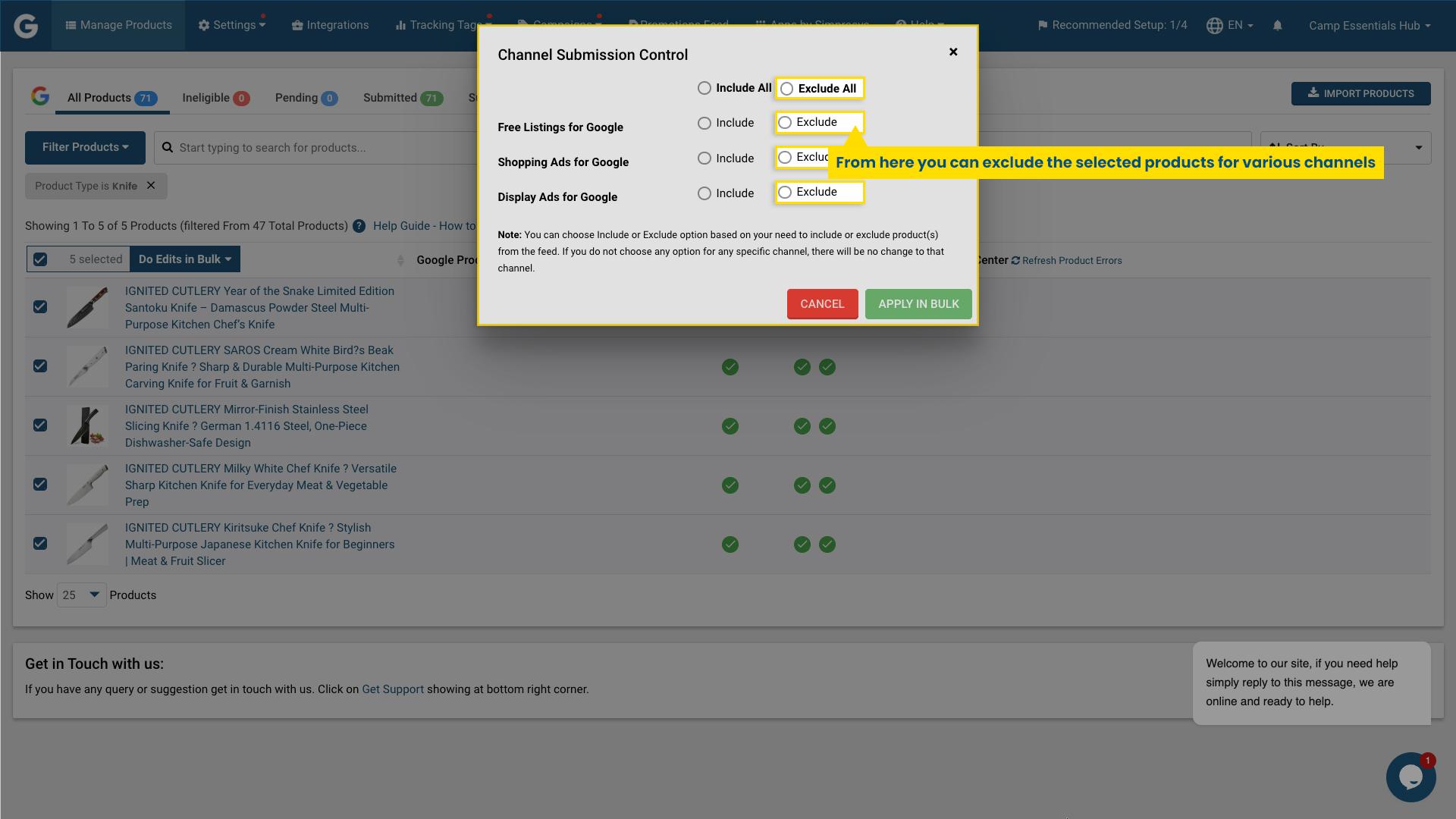 Channel Submission Control settings to exclude products from Google advertising channels in Simprosys app