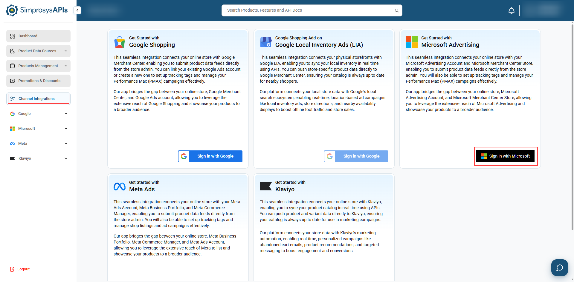Navigate to Channel Integrations and click Sign in with Microsoft